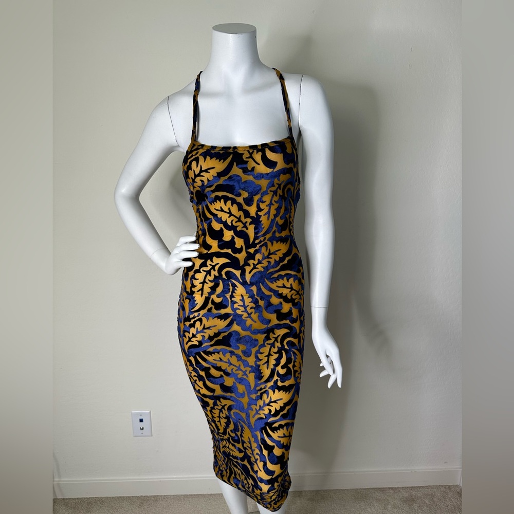 MAGIA BLUE BROWN CRISS CROSS BACK BODYCON MIDI DRESS SZ S NWOT
